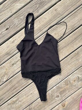 Lulu's Black V-Neck Bodysuit with Thin Straps